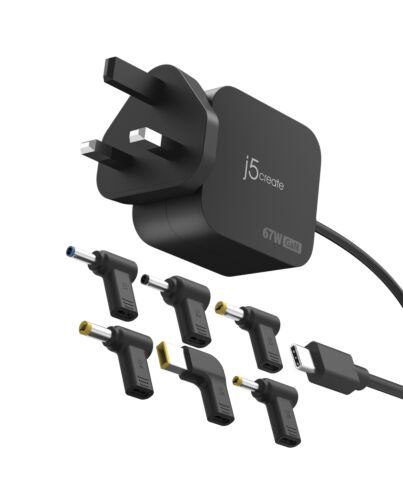 j5create JUP1565DC 67W GaN PD USB-C® Mini Charger with 6 Types of DC Connector-UK, Black JUP1565DCF-FN