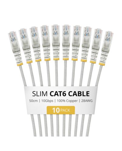 StarTech.com 50cm Gray Slim CAT6 Cable, 10 Pack, Snagless, 100W PoE, UTP, LSZH, 28AWG Pure Bare Copper Wire, Slim RJ45 Network Patch Cord w/Strain Reliefs, Individually Tested N6PAT50CMGRS10PK