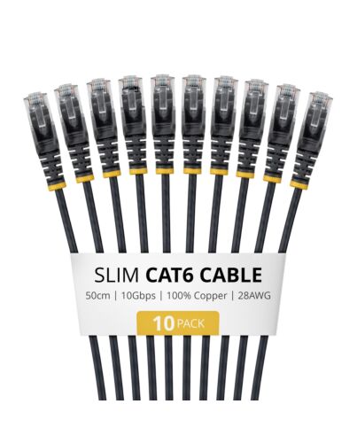 StarTech.com 50cm Black Slim CAT6 Cable, 10 Pack, Snagless, 100W PoE, UTP, LSZH, 28AWG Pure Bare Copper Wire, Slim RJ45 Network Patch Cord w/Strain Reliefs, Individually Tested N6PAT50CMBKS10PK