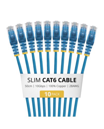 StarTech.com 50cm Blue Slim CAT6 Cable, 10 Pack, Snagless, 100W PoE, UTP, LSZH, 28AWG Pure Bare Copper Wire, Slim RJ45 Network Patch Cord w/Strain Reliefs, Individually Tested N6PAT50CMBLS10PK